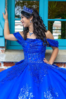 Load image into Gallery viewer, Sparkly Royal Blue Off The Shoulder Sequins Long Quinceanera Dress with Bow