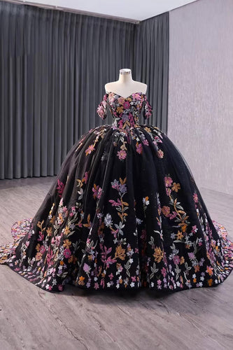 Black Floral Off The Shoulder Long Quinceanera Dress with Appliques