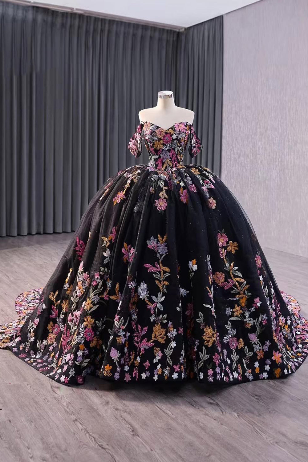 Black Floral Off The Shoulder Long Quinceanera Dress with Appliques