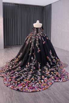 Black Floral Off The Shoulder Long Quinceanera Dress with Appliques