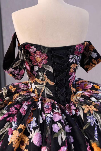 Black Floral Off The Shoulder Long Quinceanera Dress with Appliques
