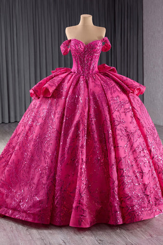Sparkly Fuchsia Off The Shoulder Beaded Long Ball Gown with Bow