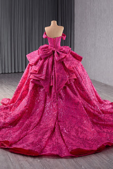 Sparkly Fuchsia Off The Shoulder Beaded Long Ball Gown with Bow