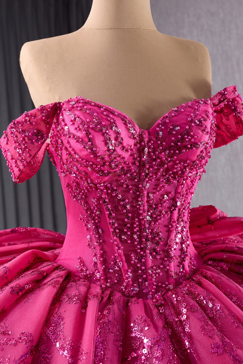 Load image into Gallery viewer, Sparkly Fuchsia Off The Shoulder Beaded Long Ball Gown with Bow