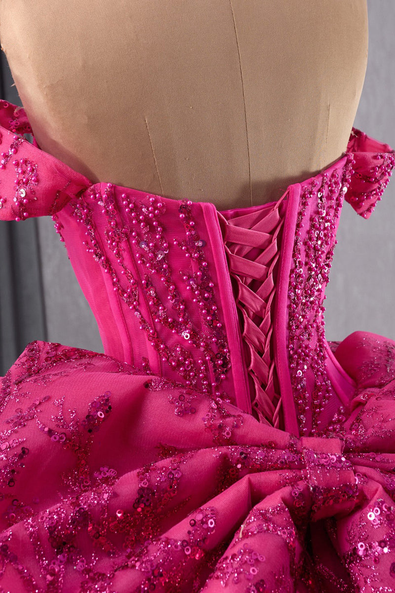 Load image into Gallery viewer, Sparkly Fuchsia Off The Shoulder Beaded Long Ball Gown with Bow