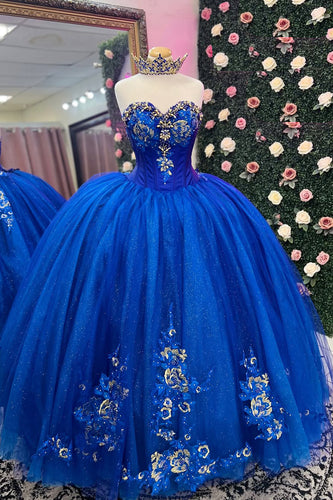 Sparkly Royal Blue Strapless Appliques Long Ball Gown with Beading