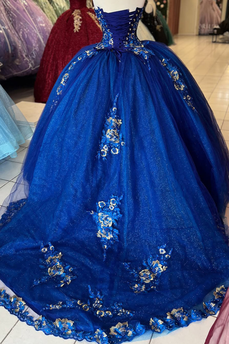 Load image into Gallery viewer, Sparkly Royal Blue Strapless Appliques Long Ball Gown with Beading