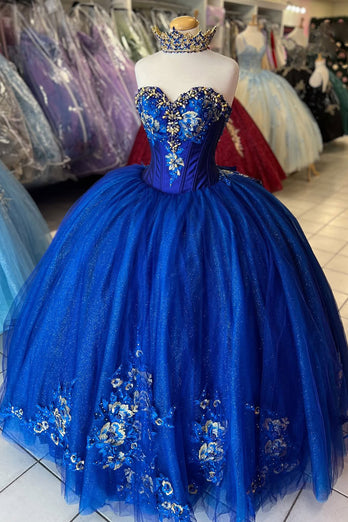Sparkly Royal Blue Strapless Appliques Long Ball Gown with Beading