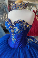 Load image into Gallery viewer, Sparkly Royal Blue Strapless Appliques Long Ball Gown with Beading
