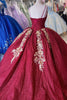 Load image into Gallery viewer, Sparkly Burgundy Spaghetti Straps V Neck Long Quinceanera Dress with Appliques