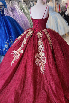 Sparkly Burgundy Spaghetti Straps V Neck Long Quinceanera Dress with Appliques