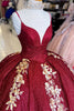 Load image into Gallery viewer, Sparkly Burgundy Spaghetti Straps V Neck Long Quinceanera Dress with Appliques