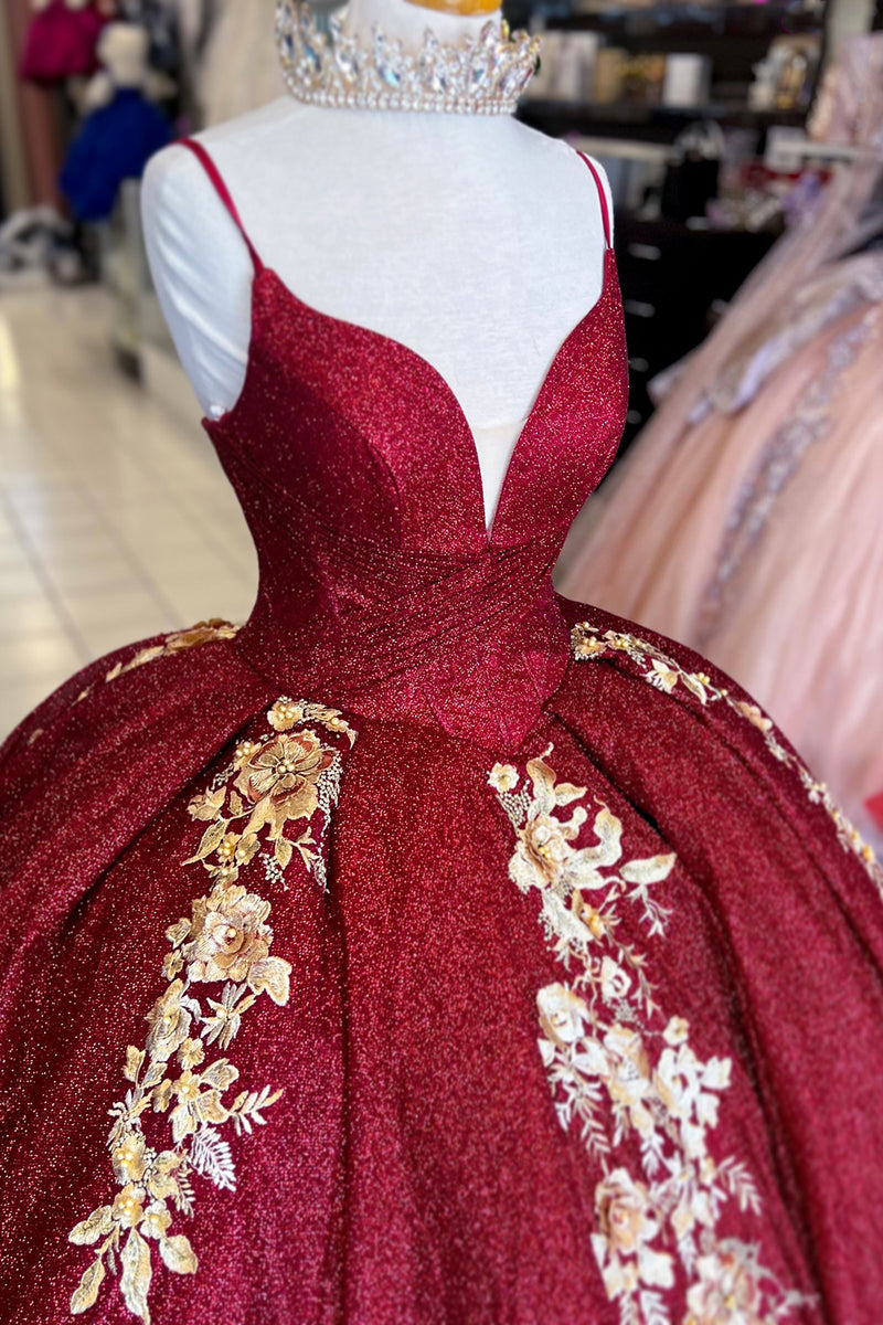 Load image into Gallery viewer, Sparkly Burgundy Spaghetti Straps V Neck Long Quinceanera Dress with Appliques