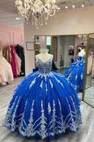 Load image into Gallery viewer, Spaghetti Straps Sparkly Royal Blue Sequined Appliques Ball Gown with Bow