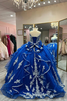 Spaghetti Straps Sparkly Royal Blue Sequined Appliques Ball Gown with Bow