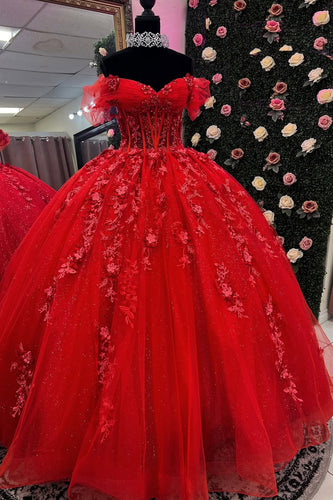 Red Appliques Off The Shoulder Corset Quinceanera Dress with Lace Up Back