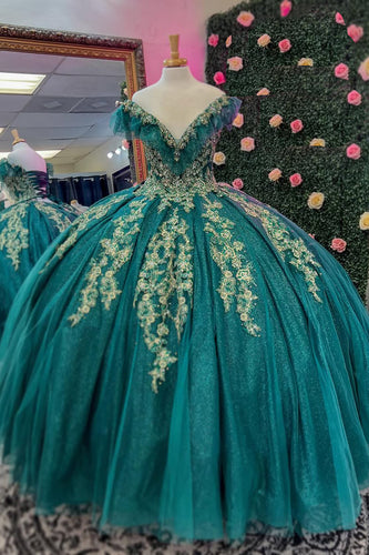 Glitter Dark Green V Neck Sequined Tulle Quinceanera Dress with Appliques