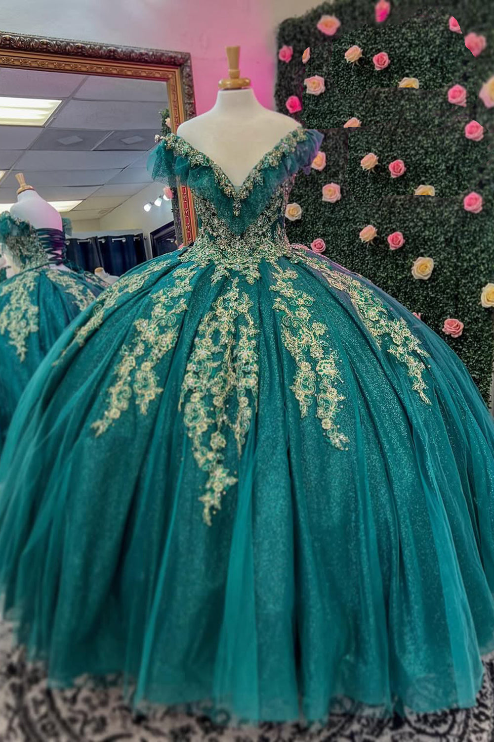 Glitter Dark Green V Neck Sequined Tulle Quinceanera Dress with Appliques