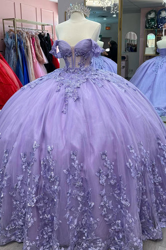 Sweetheart Sparkly Lilac Off The Shoulder Sequined Ball Gown with Appliques