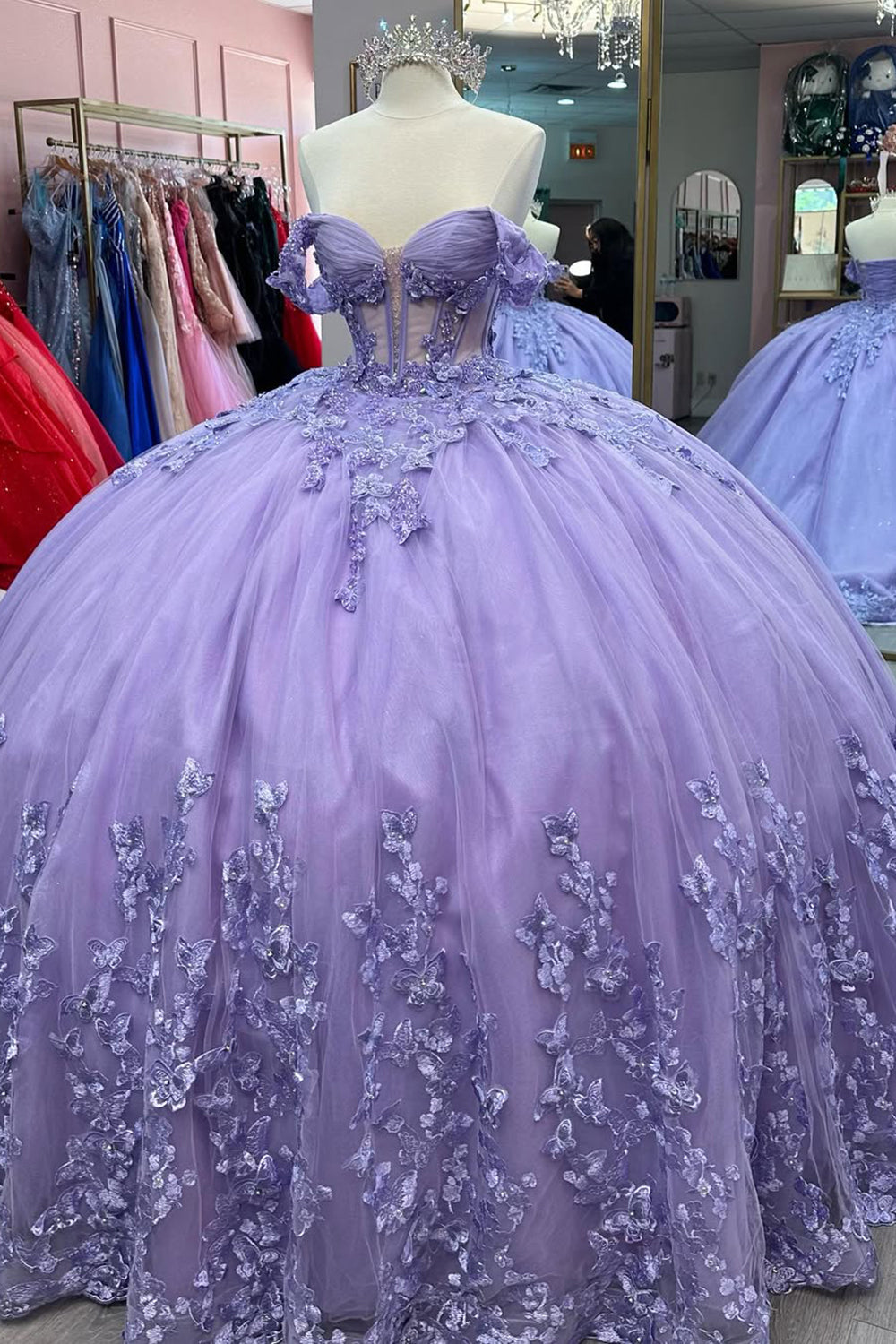 Sweetheart Sparkly Lilac Off The Shoulder Sequined Ball Gown with Appliques