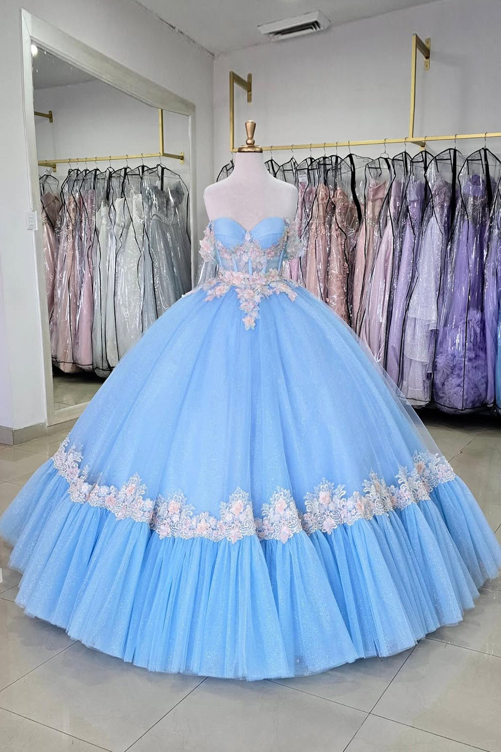 Blue Off The Shoulder Corset Sequined Appliques Pleated Quinceanera Dress