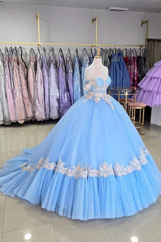 Blue Off The Shoulder Corset Sequined Appliques Pleated Quinceanera Dress