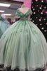 Load image into Gallery viewer, Sparkly Grey Green V Neck Sequined Tulle Ball Gown with Appliques
