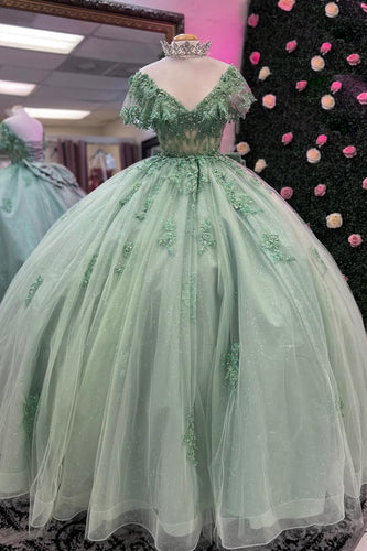 Sparkly Grey Green V Neck Sequined Tulle Ball Gown with Appliques
