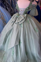 Load image into Gallery viewer, Sparkly Grey Green V Neck Sequined Tulle Ball Gown with Appliques