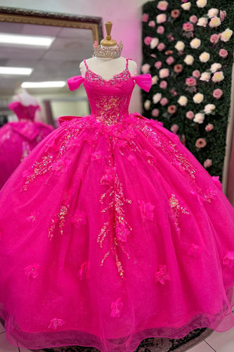 Sparkly Fuchsia Cold Shoulder Sequined Long Quinceanera Dress