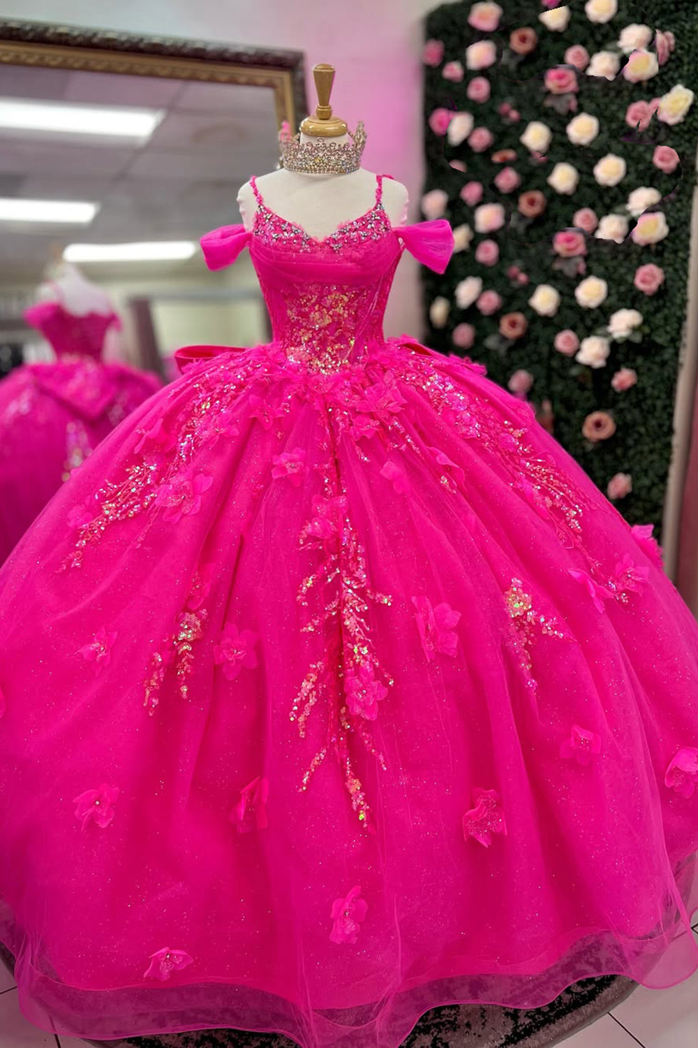Sparkly Fuchsia Cold Shoulder Sequined Long Quinceanera Dress