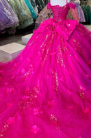 Load image into Gallery viewer, Sparkly Fuchsia Cold Shoulder Sequined Long Quinceanera Dress