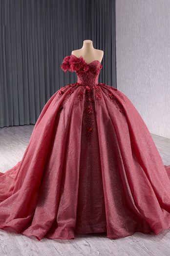 Sparkly Burgundy Strapless Corset Tulle Flowers Quinceanera Dress with Appliques
