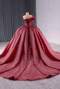 Sparkly Burgundy Strapless Corset Tulle Flowers Quinceanera Dress with Appliques