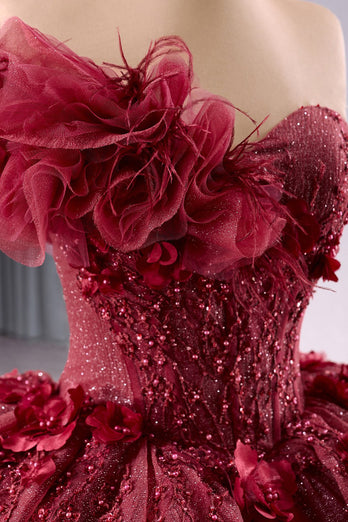 Sparkly Burgundy Strapless Corset Tulle Flowers Quinceanera Dress with Appliques