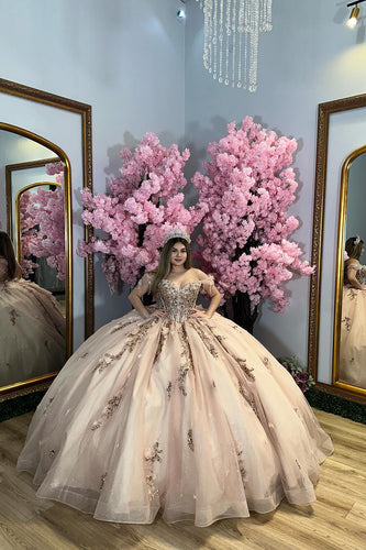 Sparkly Champagne Off Shoulder Appliques Quinceanera Dress with Sequins