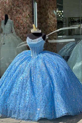 Sparkly Blue Strapless Pearl Corset Quinceanera Dress with Sequins