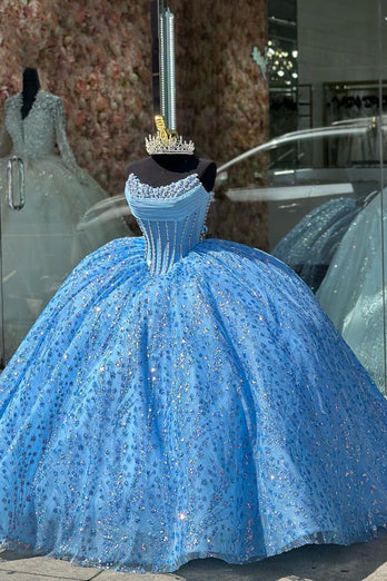 Sparkly Blue Strapless Pearl Corset Quinceanera Dress with Sequins