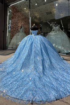 Sparkly Blue Strapless Pearl Corset Quinceanera Dress with Sequins