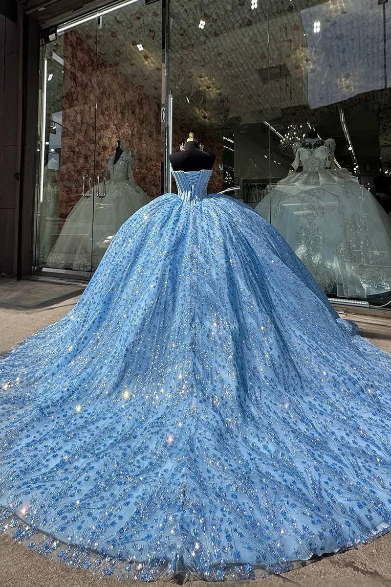 Load image into Gallery viewer, Sparkly Blue Strapless Pearl Corset Quinceanera Dress with Sequins