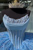 Load image into Gallery viewer, Sparkly Blue Strapless Pearl Corset Quinceanera Dress with Sequins
