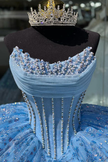 Sparkly Blue Strapless Pearl Corset Quinceanera Dress with Sequins