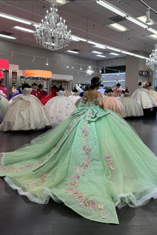 Off the Shoulder Light Green Pink Flowers Appliques Tulle Quinceanera Dress