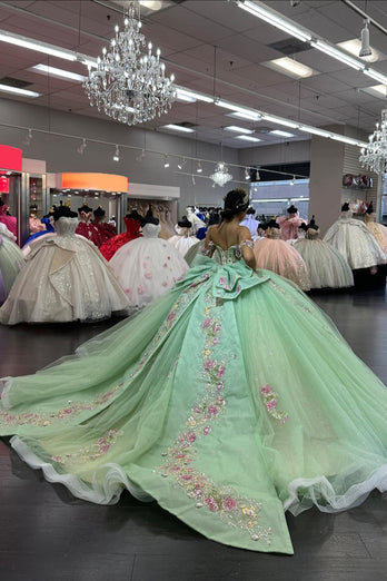 Off the Shoulder Light Green Pink Flowers Appliques Tulle Quinceanera Dress