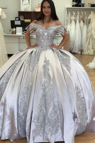 Off the Shoulder Sparkly Silver Sequined Appliques Ball Gown with Rhinestones