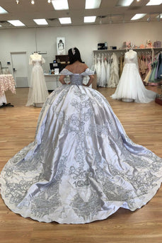 Off the Shoulder Sparkly Silver Sequined Appliques Ball Gown with Rhinestones
