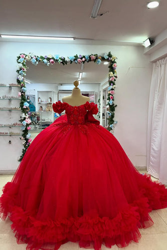 Red Off The Shoulder Floral Appliques Quinceanera Dress with Ruffles