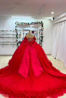 Red Off The Shoulder Floral Appliques Quinceanera Dress with Ruffles