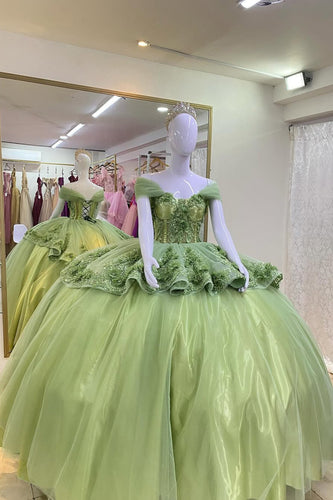 Sparkly Sage Sequins Off The Shoulder Tiered Quinceanera Dress with Appliques