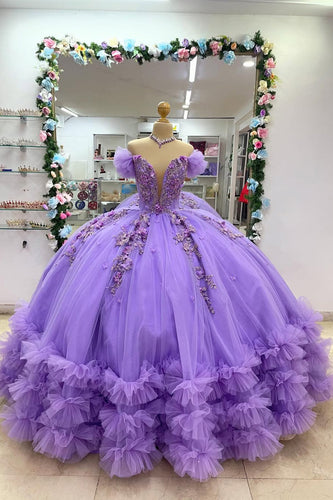 Purple V Neck Tiered Pleated Quinceanera Dress with Appliques